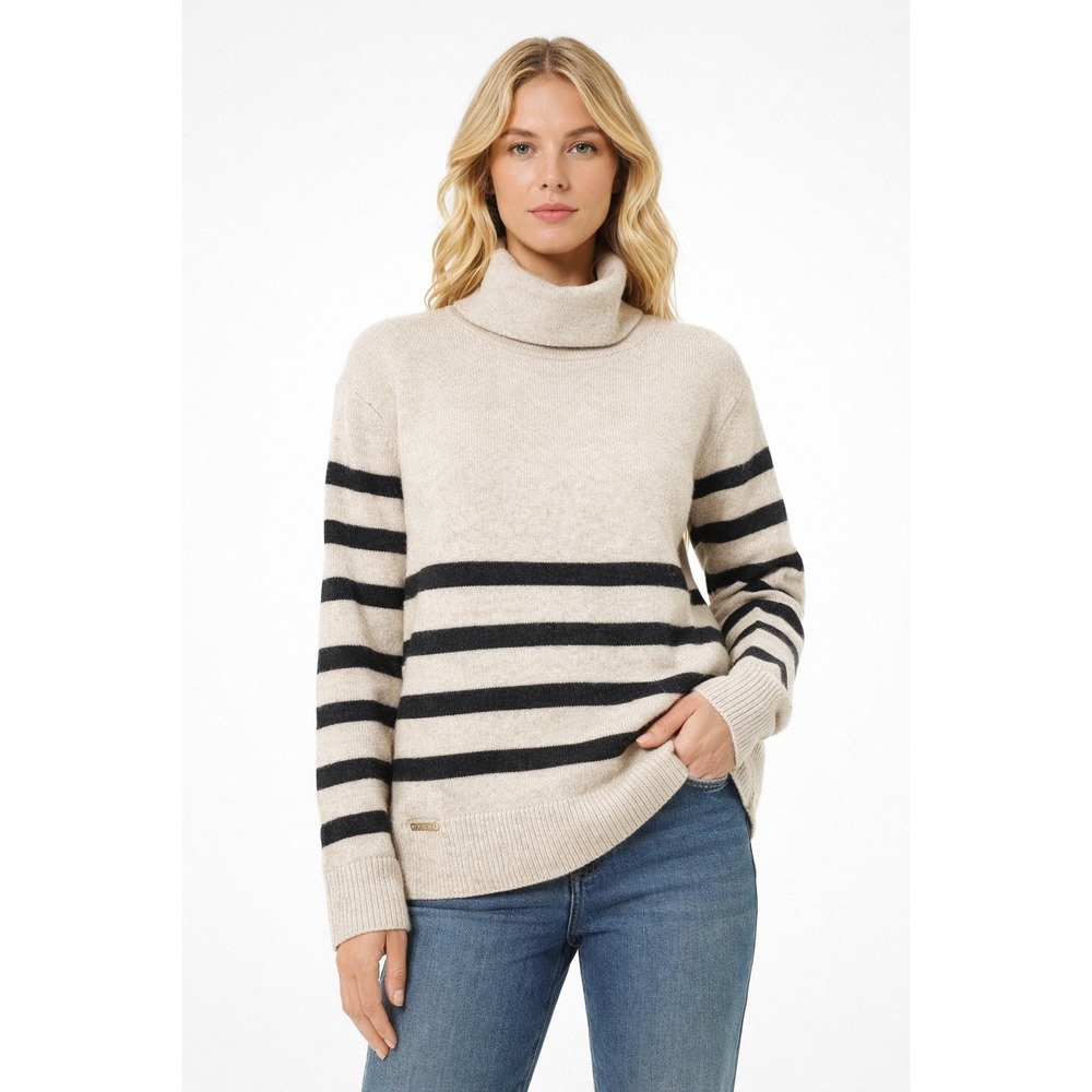 Michael Michael Kors Womens XL Turtleneck Sweater Tan Striped Merino Wool Alpaca